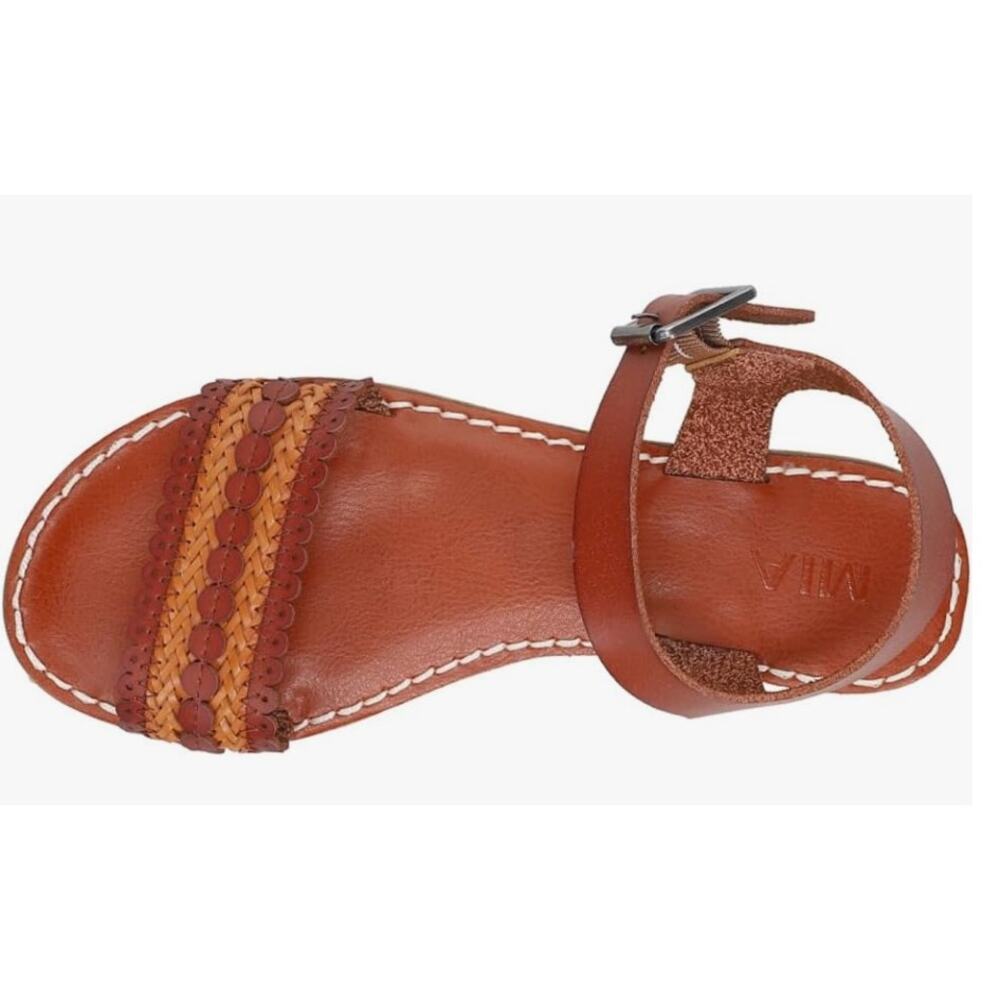 MIA Womens Casual Leather Vienna Woven Flat Ankle Strap Sandals - Brown Size 6